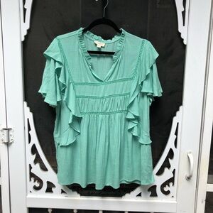 Cupio blush sage green short sleeve blouse, ruffled blouse, size XL